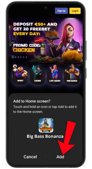 Adding Big Bass Bonanza shortcut from partner casino to Android home screen