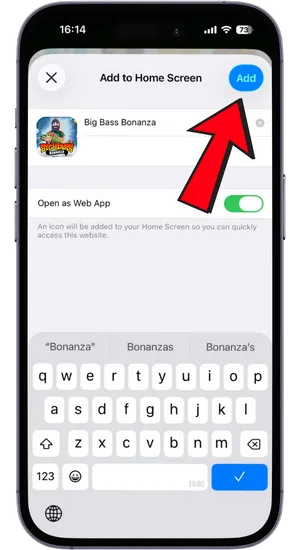 Naming and confirming Big Bass Bonanza shortcut on iPhone