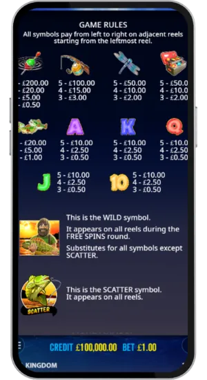 Paytable and game rules listing payouts for all symbols in GBP